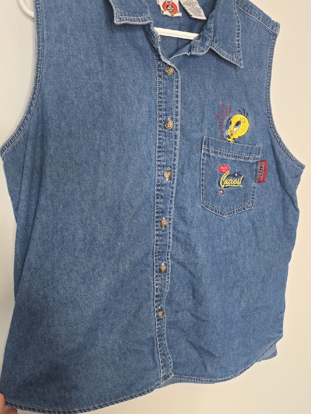 Y2k Warner Bros. Looney Tunes Denim Shirt with Tweety Bird - Picture 6 of 7
